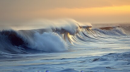 Wall Mural - The ocean is rough and the waves are crashing. The sky is orange and the sun is setting