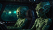 Zwei grüne, außerirdische Aliens sitzen im Cockpit eines Raumschiffes