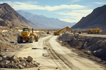 Wall Mural - Highway construction in the desert, long straight road in the desert, High angle view on highway construction in a desertAi generated