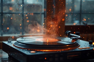 A dramatic scene of a turntable with sparks and smoke, creating an intriguing atmosphere of energy and dynamism.