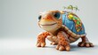 A turtle with a blue shell and a green plant on its back. The turtle is smiling and looking at the camera