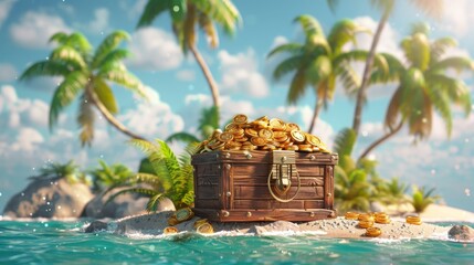 A treasure chest full of gold coins sits on a beach. The scene is serene and peaceful, with palm trees in the background and the ocean in the foreground. The gold coins sparkle in the sunlight