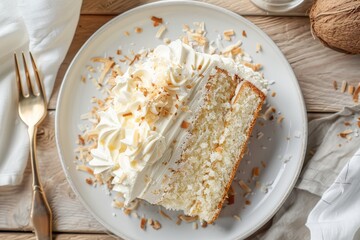 Wall Mural - Coconut cake with cream cheese frosting and coconut flakes on white plate top view