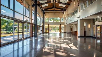 Poster - Event Venue Lobby A spacious event venue lobby with natural light creating a welcoming ambiance for guests attending weddings conferences AI generated illustration