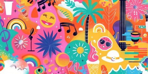 vibrant and colorful flat design featuring various summer elements atmosphere of fun and excitement 