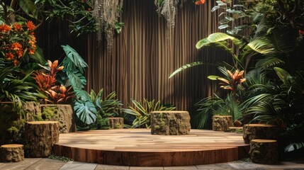 Aufkleber - Exotic fauna adds depth to the backdrop of a wooden podium display raw AI generated illustration