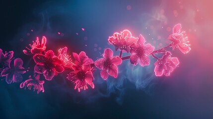 Wall Mural - branch with sakura flowers, abstract neon background.