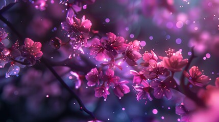 Wall Mural - branch with sakura flowers, abstract neon background.