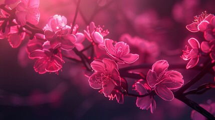 Wall Mural - branch with sakura flowers, abstract neon background.