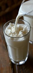 Wall Mural - A glass of milk is on a wooden table with a bowl of cheese and a spoon. The scene is simple and peaceful, with the milk and cheese being the main focus