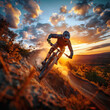 Sport and adventure concept, mountain biker riding downhill at sunset, extreme sport background, nature
