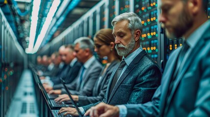 Team of IT Specialists Working on Laptops in a Modern Data Center. Generative ai