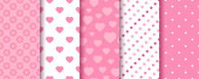 Pink Seamless Pattern. Valentine's Day Background. Set Textures With Hearts. Cute Prints For Scrapbook
