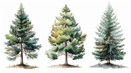 Wall Mural - Pine Tree Watercolor Collection on White Background Generative AI