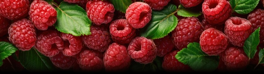 Wall Mural - A close-up of raspberries with green leaves, some whole and some cut in half.