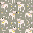 Hand drawn bull terrier dog with pet supplies, seamless pattern