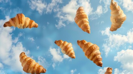 Wall Mural - Flying croissants on sky with clouds and blue sky