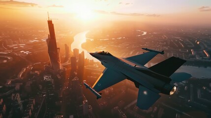 fighter jets fly over the city at sunset