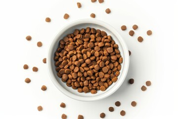 Poster - Dog food in white bowl on white background top view