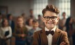 A young boy wearing glasses and a bow tie in a school. Generative AI.