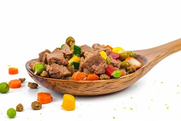 Sticker - Dog food with meat and vegetable pieces on white background in spoon