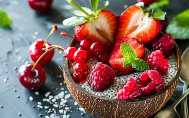 Sticker - Healthy breakfast of chia pudding with berries and mint in coconut bowl Close up view