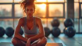Fototapeta Las - Fit Young Woman Conducting Post-Workout Stretches Generative AI