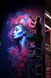 © Vit - A woman is standing in front of a wall, painting a colorful mural using brushes and cans of paint. She is focused on her work, adding intricate details to the artwork