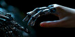 A robot hand reaches for a human hand against the background of an industrial city, Artificial intelligence, Future technology and communication concept. 