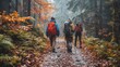 Friends Enjoying a Group Hike on a Woodland Trail Generative AI