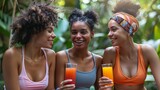 Fototapeta Las - Close Friends Catching Up Over Fresh Juice After a Yoga Class Generative AI