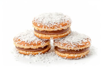 Wall Mural - Argentine alfajores with caramel filling and coconut on white backdrop Space for text