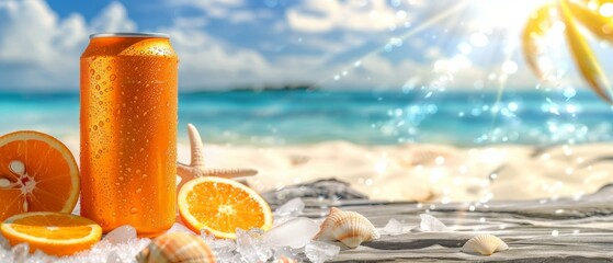 Poster - A soda can is on the beach with shells and oranges. Generative AI.