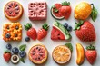A summer fruits icon set with shadows including strawberries, watermelon, lemon, orange, bananas shown in 3D modern form. Illustration created with plasticine.