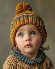 Canvas Print - A close up of a child wearing a knitted hat and sweater. Generative AI.