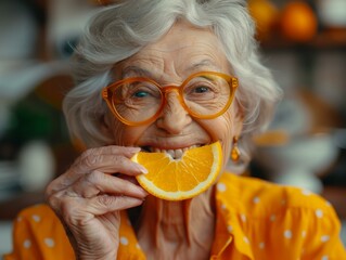 Wall Mural - An older woman with glasses holding a slice of orange in her mouth. Generative AI.