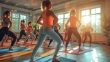 Fototapeta Las - Women's Group Yoga Class during Group Fitness Session at the Gym Generative AI