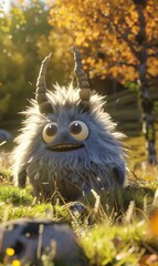 A furry creature with horns and a big smile is sitting in the grass. Generative AI.
