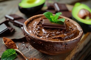 Canvas Print - Avocado chocolate mousse with chocolate and mint focused Vegan dessert