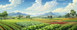 Vegetable farm field on a sunny summer day, beautiful rural panoramic landscape, vegetable agriculture background, illustration generative ai