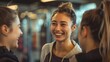 Glee and Camaraderie: Female Friends Laughing while Standing in a Gym Generative AI