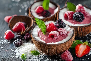 Canvas Print - Berry coconut smoothie on rustic background