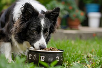 Poster - Black and white dog eating kibble in backyard