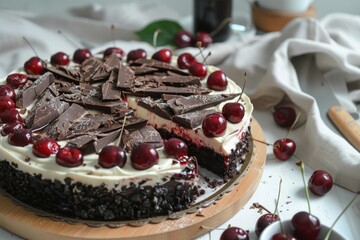 Wall Mural - Black forest cake and cherry dessert on white cutting board