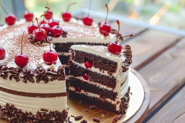 Wall Mural - Black Forest cake with cherry filling and sponge cake Beautiful dessert with cherry on top