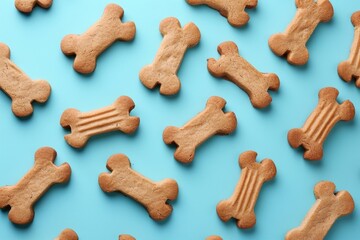 Wall Mural - Bone shaped dog treats on light blue surface top view