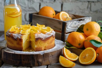 Wall Mural - Brazilian orange cake with citrus zest topping on rustic table with white brick background Oranges in wooden crate Juice and slices