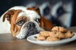 British Bulldog tempted by plate of cookies looking sad