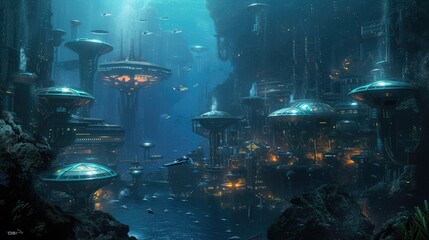 An underwater city with bioluminescent coral, schools of colorful fish, and ancient ruins, all illuminated by the eerie glow of an underwater volcano. Resplendent.