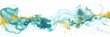 Turquoise and gold marbled watercolor paint stain on transparent background.